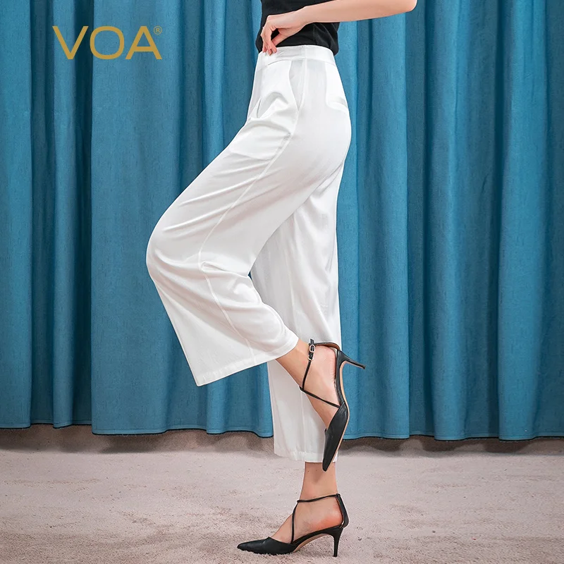 

(Clearance Sale) VOA Silk Slight Strech Satin White Simple Office Ladies Pants Side Pocket Casual Wide Leg Pants Summer KE105