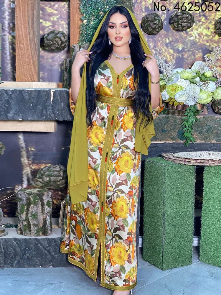 

Hot Popular Islamic Style Southeast Asia Middle East Dubai Long Printed Belt Dress Ladies Jalabiya With Head Scarf