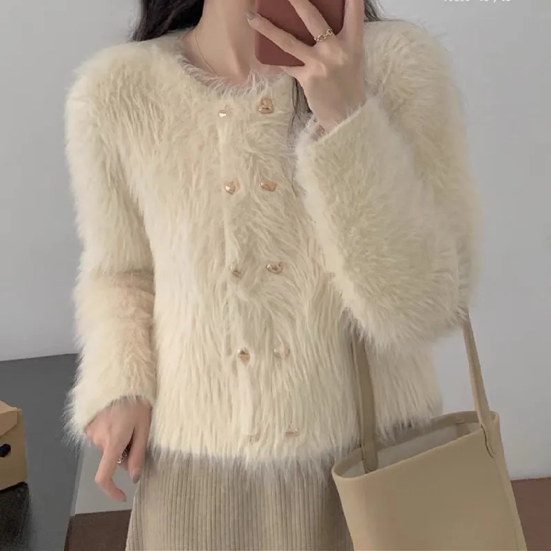 

Autumn Winter Long Sleeve Sweater Coat Women 2023 Loose Double Breasted Solid Color Plush Knitted Cardigans Casual Knitwear