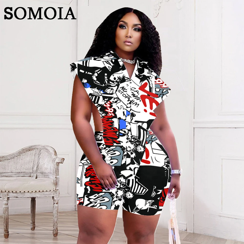 

SOMOIA Plus Size Two Piece Summer Sets Sexy Casual Print Suit High Waist Lapel Button Shorts Party Set Wholesale Dropshipping