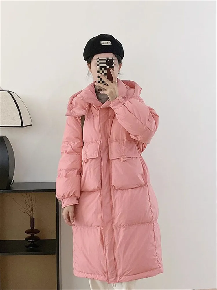 

Down Jacket Women 2023 Autumn Winter New Fashion Casual Long Loose Thick Warmth Hooded White Duck Down Coat Clothing Feminina