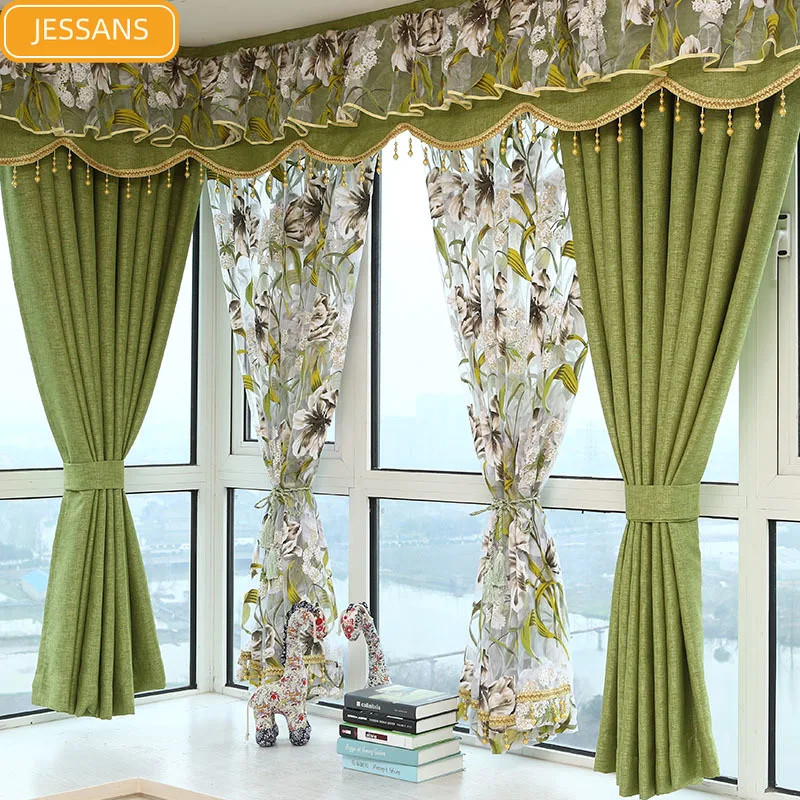 

American Cotton and Linen Lace Stitching Blackout Curtains for Living Room Bedroom Finished Corner Screen Customization