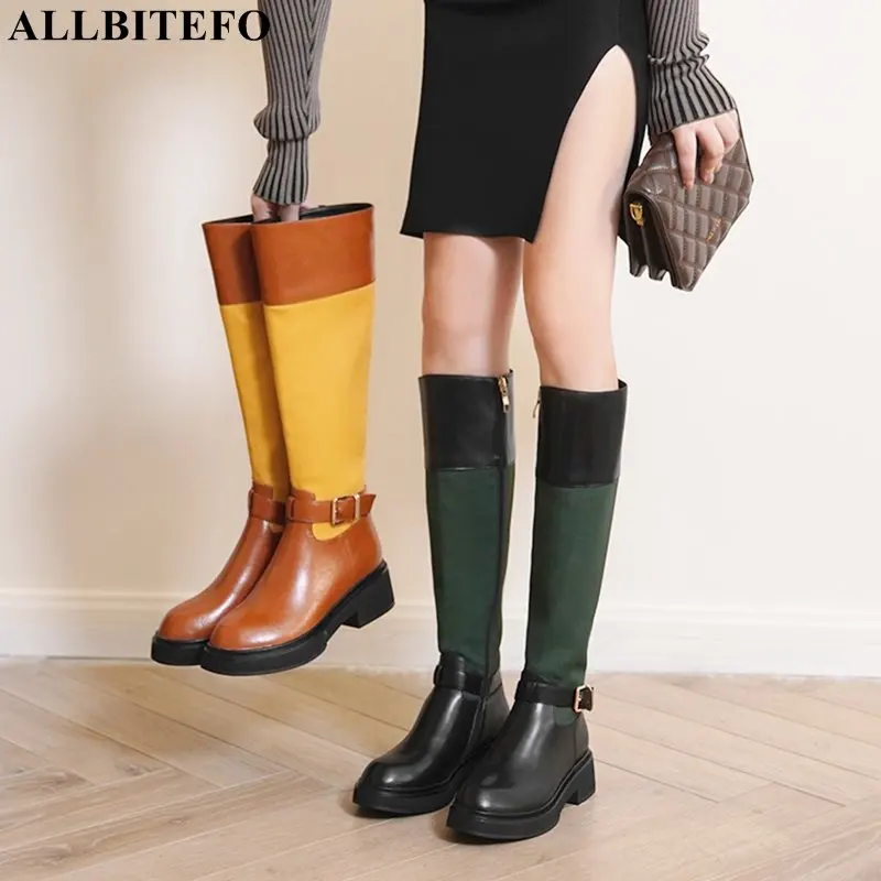 

Size 34-41 Mixed Colors Microfiber + Genuine Leather Women Ridding Boots Fashion Autumn Winter Shoes High Heel Knee Boots