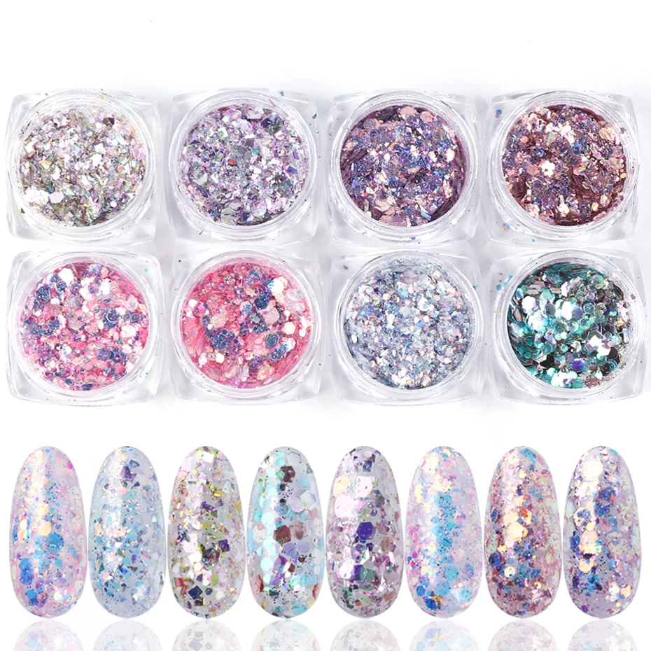

8pcs Nail Mermaid Glitter Sugar Dipping Powder Colorful Sequins Spangles Polish Manicure Nails Art Decorations Dust LY1506-08
