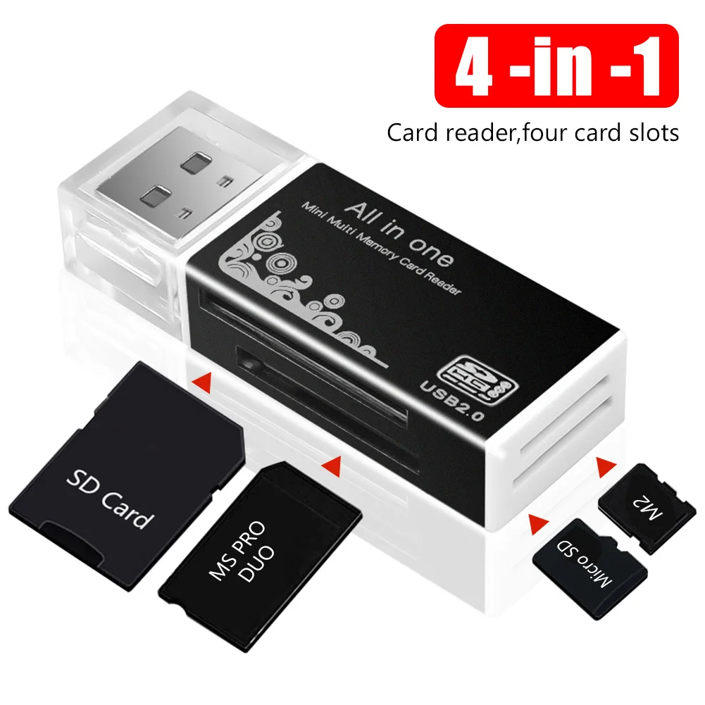 

Mini 4 In 1 Memory Adapter Card Reader Colorful Flash USB 2.0 Micro Portable Mini Stick SD SDHC DV TF T-Flash M2 MMC MS PRO DUO