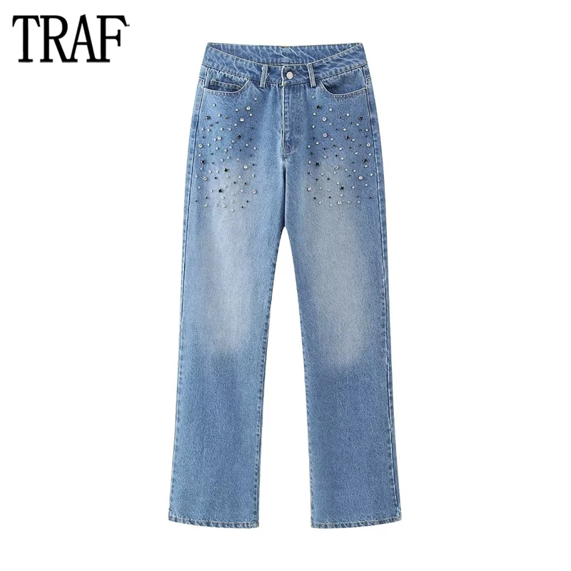 

TRAF 2023 High Waist Jeans Women Blue Rhinestone Jeans for Women Straight Leg Denim Jeans Woman Streetwear Basic Women's Pants