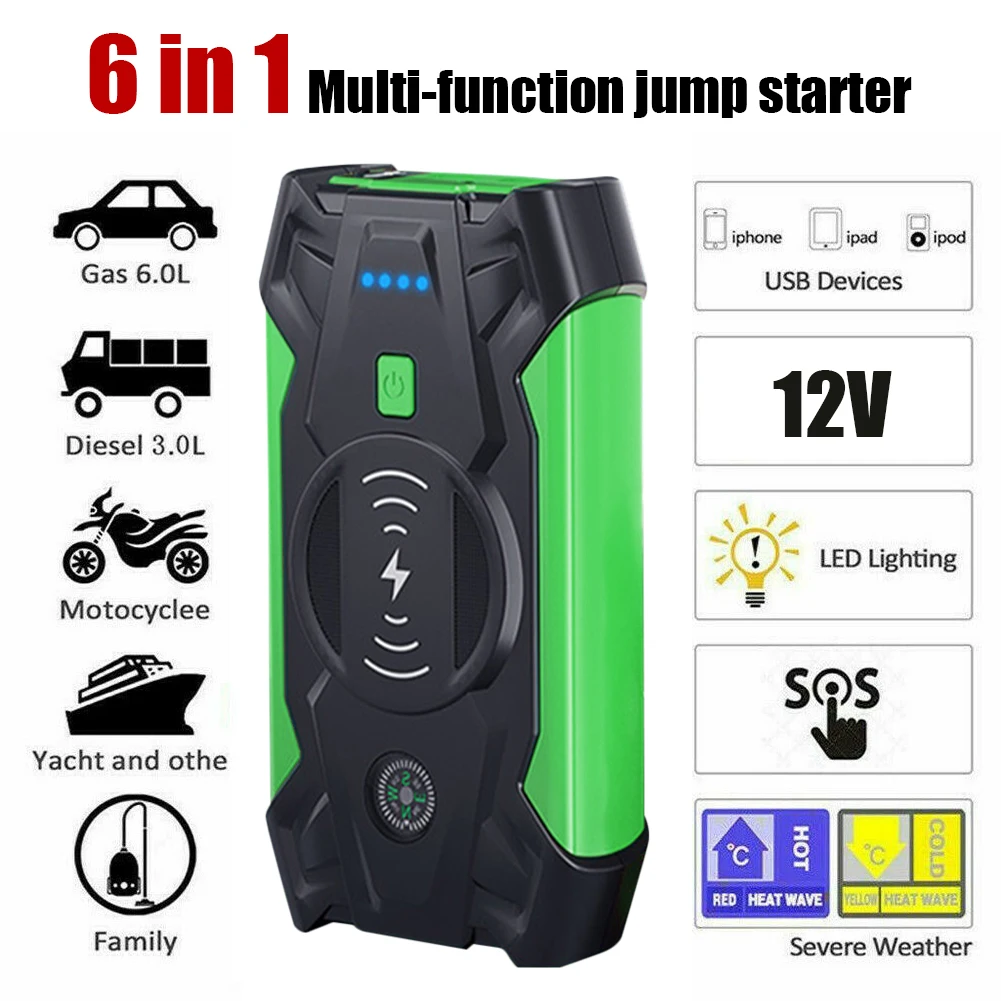 

28000mAh Car Battery Jump Starter LED Flashlight Portable Emergency 12V Auto Battery Booster 5V/1A USB Output Wireless Charging