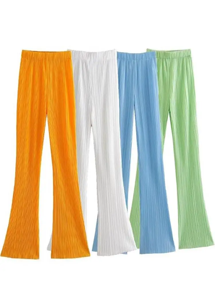 

TRAF Women 2022 Fashion Solid Color Pleated Flare Pants Vintage High Waist With Elastic Waistband Female Trousers Streetwear