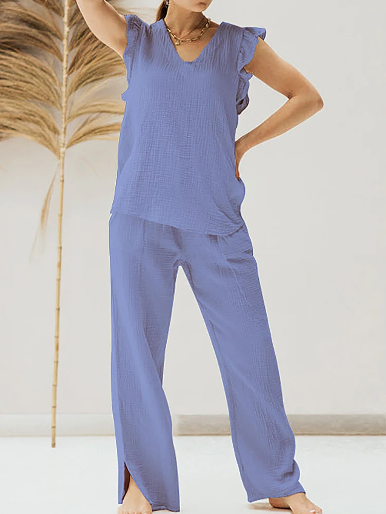 

Пижама женская хлопковая из 2 предметов, с оборками и V-образным вырезом