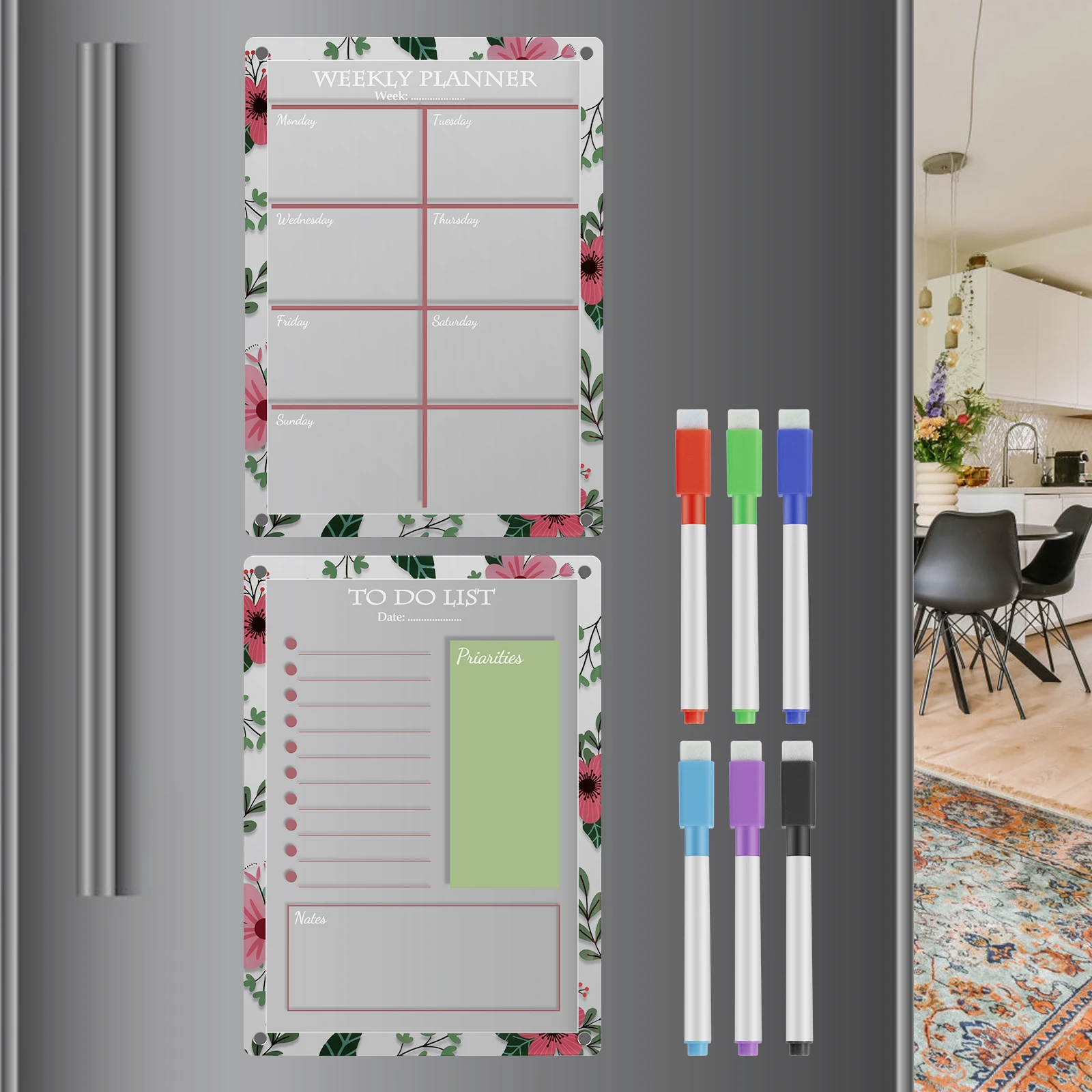 

2Pcs Acrylic Magnetic Calendar Clear Dry Erase Board Reusable Weekly Memo Calendar with 6 Markers Portable Fridge Planner Board