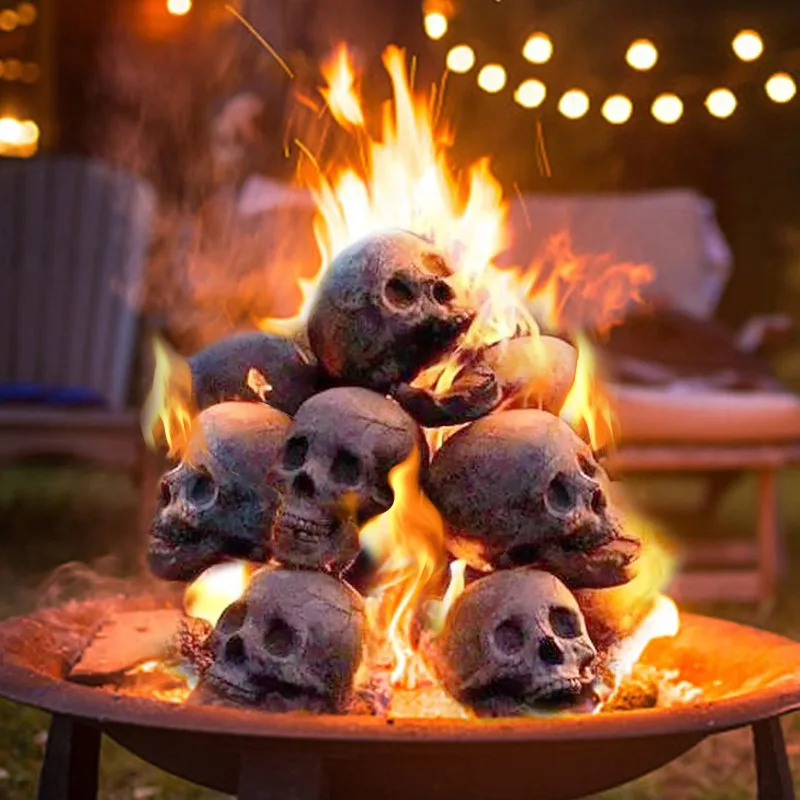 

6Pcs Halloween Fire Pits Skulls Decoration Reusable Skeleton Flame Fireproof Resin for Bonfire Fireplace Stove Simulation Skull