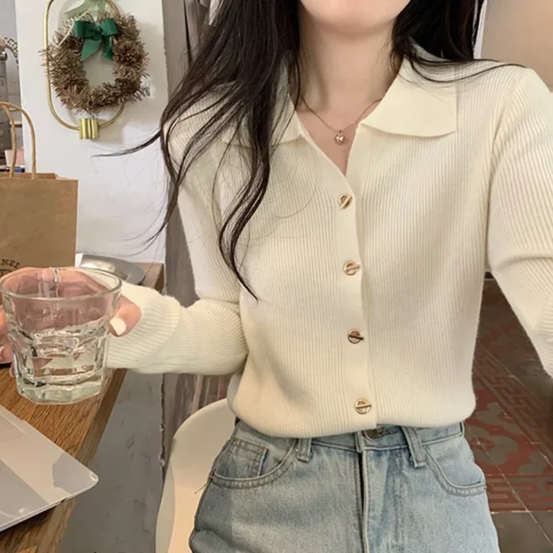 

French Polo Collar Knit Cardigans Women Autumn New Lapel Crop Sweaters Slim Fit Long Sleeve Bottoming Shirts Solid Jumper Tops