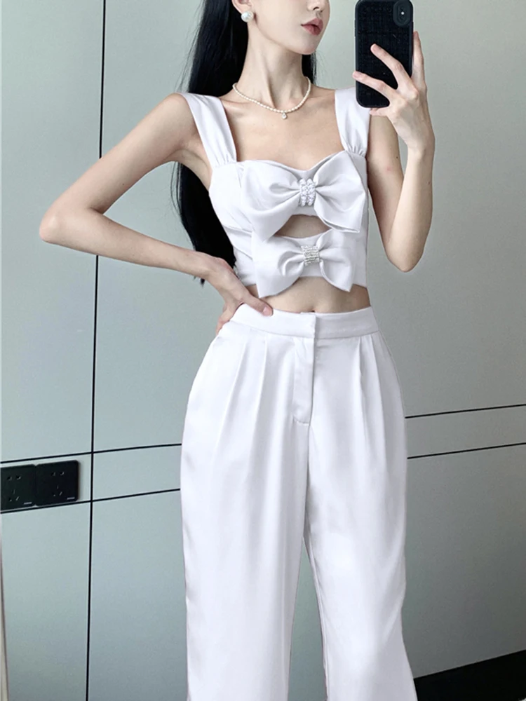 

Korea Women Two Piece Set Fashion Solid Strapless Bow High Waist Backless Lace Up Top Slim Wide Legged Pants Sets Streetwear