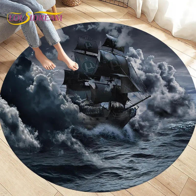 

Sea monster, Boat Ship Barque Area Rug,Round Carpet Rug for Living Room Bedroom Sofa Decoration,Kid Play Game Non-slip Floor Mat