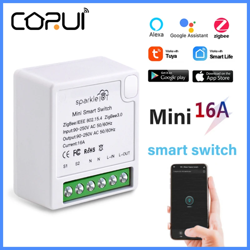

Умный мини-переключатель Corui Tuya Zigbee, модуль 16 А, двухстороннее управление, работает с приложением Smart Life Alexa Google Home