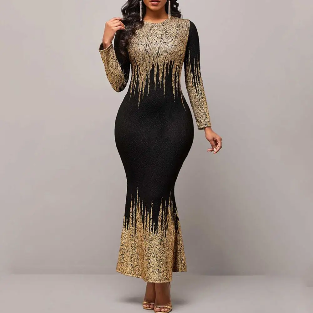 

Модное женское длинное платье, праздничная одежда с принтом горячего тиснения, элегантное облегающее платье до щиколотки