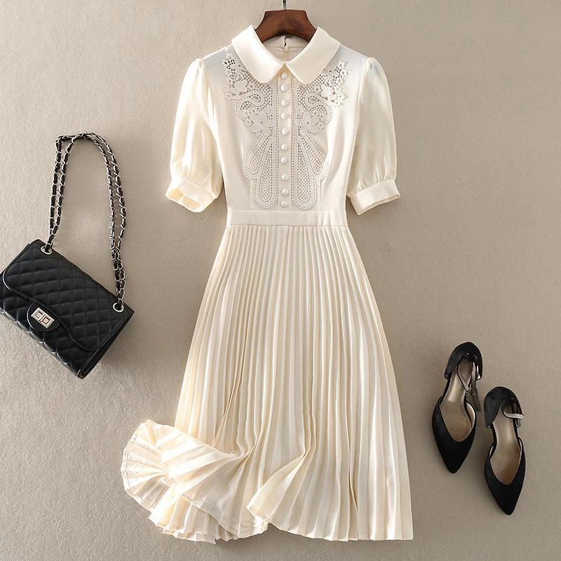 

Vintage Embroidered Pleated Dress Women 2022 Summer Chic Sweet Short Sleeve Midi Party Dress Elegant Slim Waist A-Line Dresses