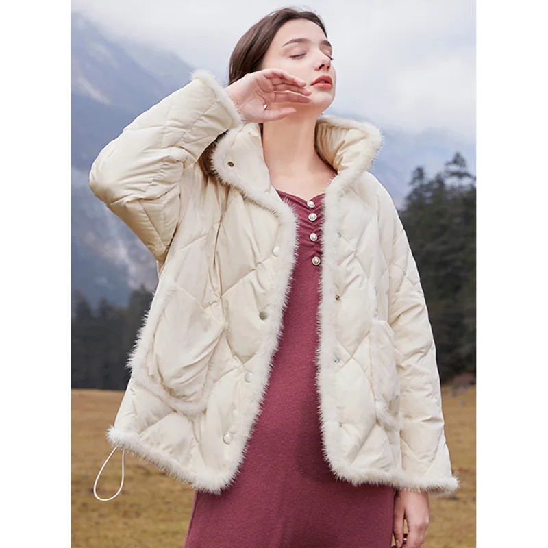 Winter New Vintage Short Light Feather Jacket Women 90% White Duck Down Coat Splicing Real Fur Outwear Retractable Hem