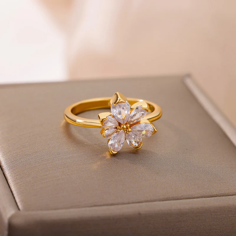 AAA Zircon Flower Wedding Rings for Women Stainless Steel Floral Finger Rings Luxury Jewelry Engagement Bridal Gift Bague