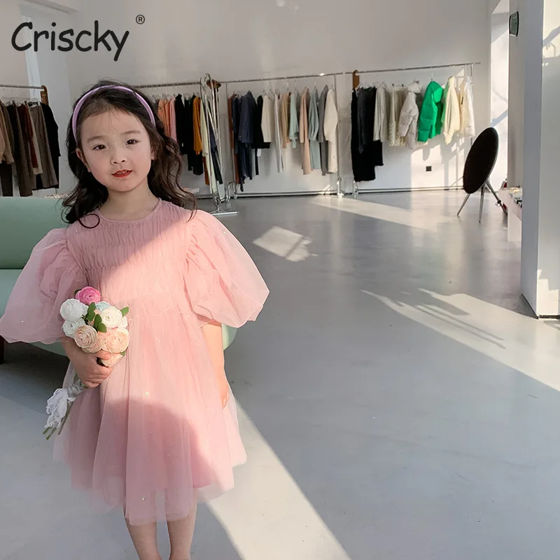 

Criscky Girls Princess Mesh Mini Dresses For Kids Sequin Elegant Party Tutu Wedding Vestidos Summer Children Ruffles Clothes