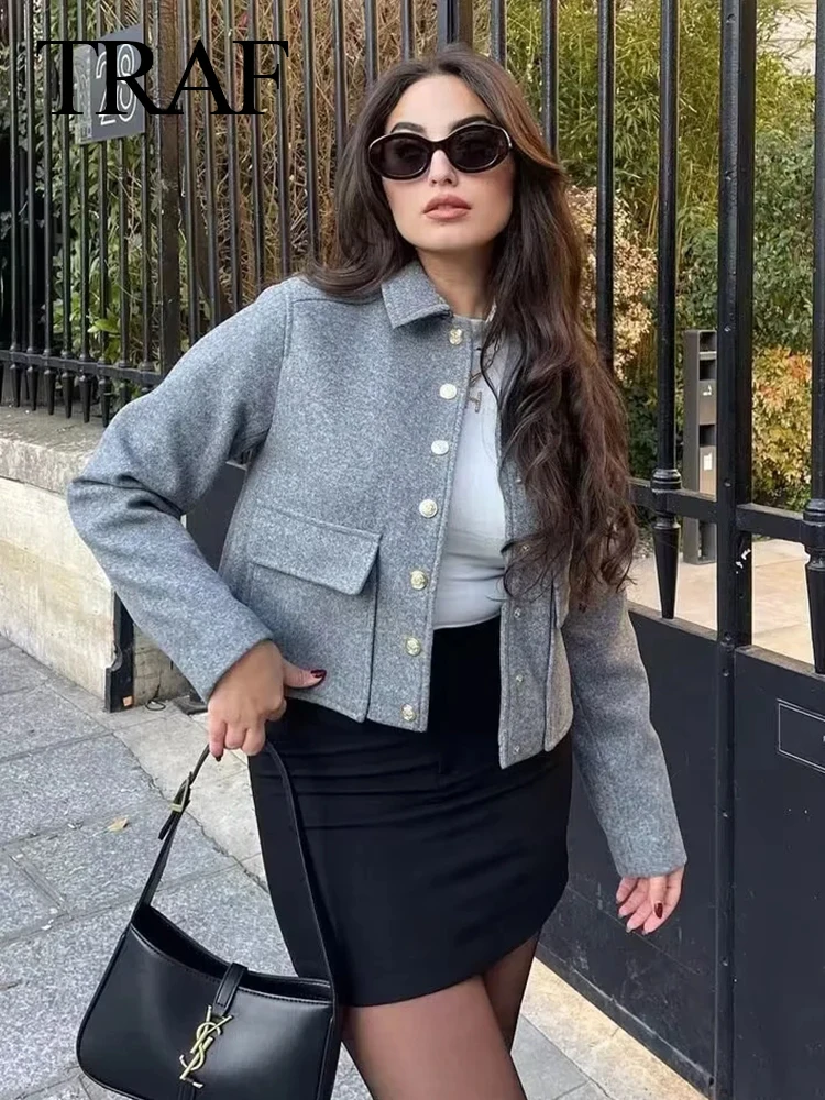 

TRAF 2023 Women's Spring Gray Navy Jacket Women Outerwear With Button Bomber Jacket Coat Women Thicken Coat Top women