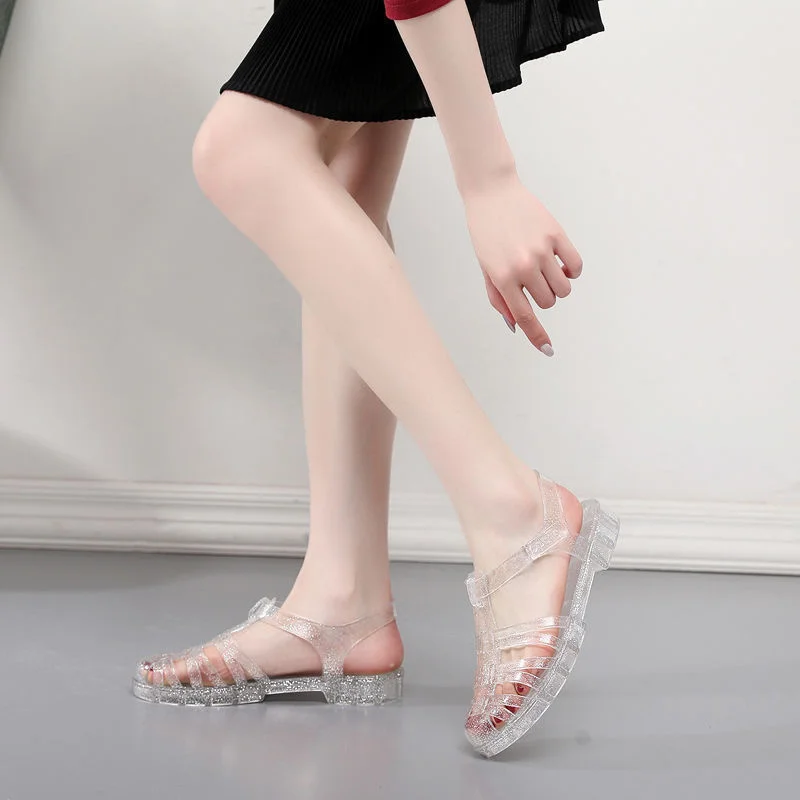 Summer Women Transparent Crystal Plastic Jelly Candy Color Sandals Female Closed Toe Flat Shoes Hollow Retro Beach Slippers