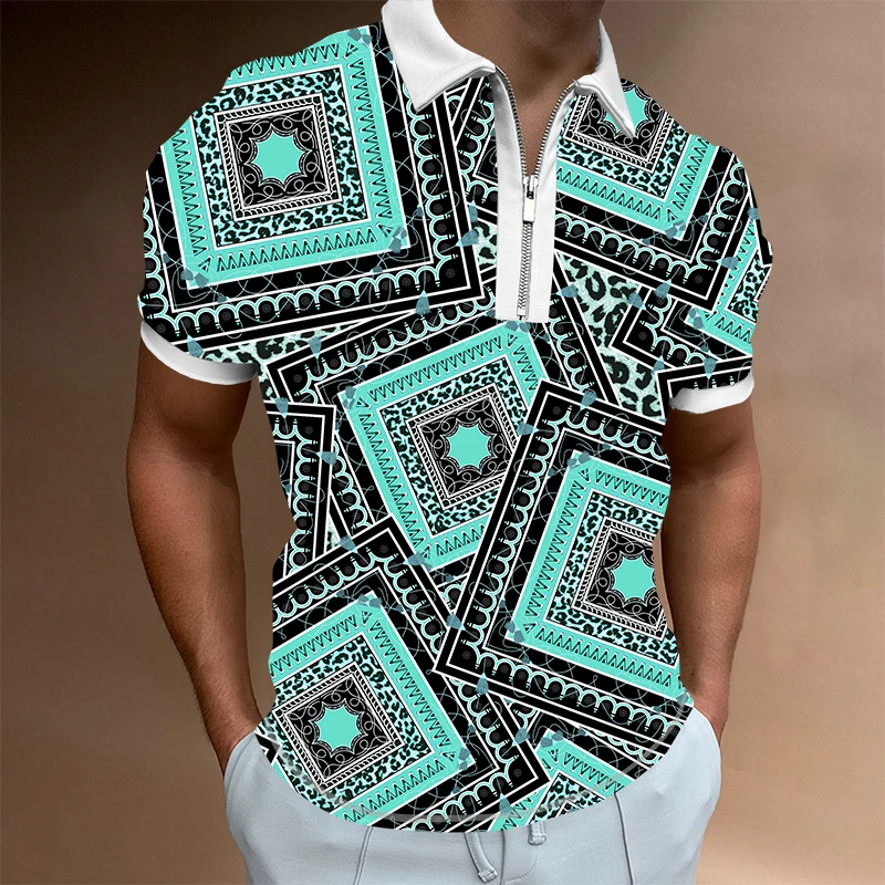 

X Task Force Summer Plaid Patchwork Polo shirt Wrinkle resistant quick drying short sleeve shirt Men's slim casual lapel zipper