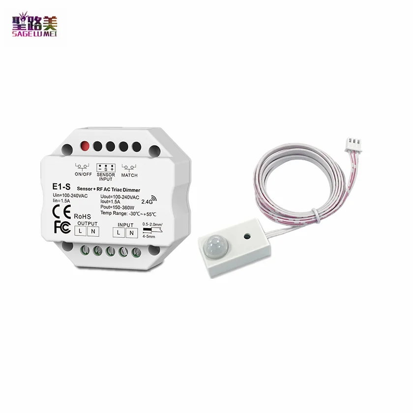 

AC100V-240V 1.5A 150-360W R Motion Sensor+ 2.4GHZ RF AC Triac Dimmer E1-S+ER To Dim and Switch Single Color Dimmable LED Lamps