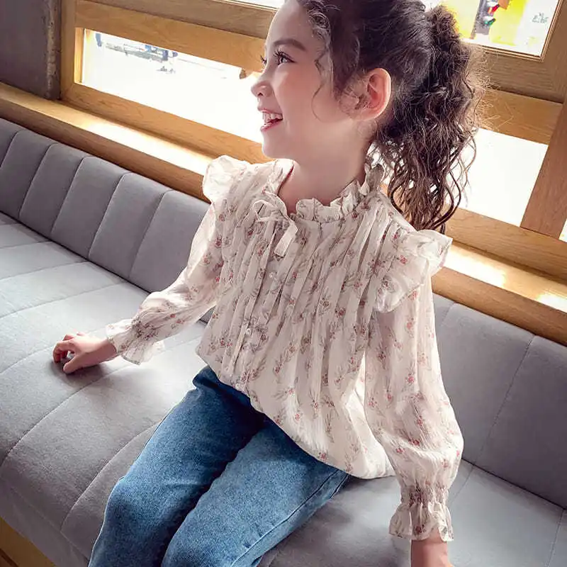 

2022 Spring Summer New Children Girls Sweet Floral Long Sleeve Tops Kids Baby Girls Fashion Clothes Blouse Chiffon Shirts S59