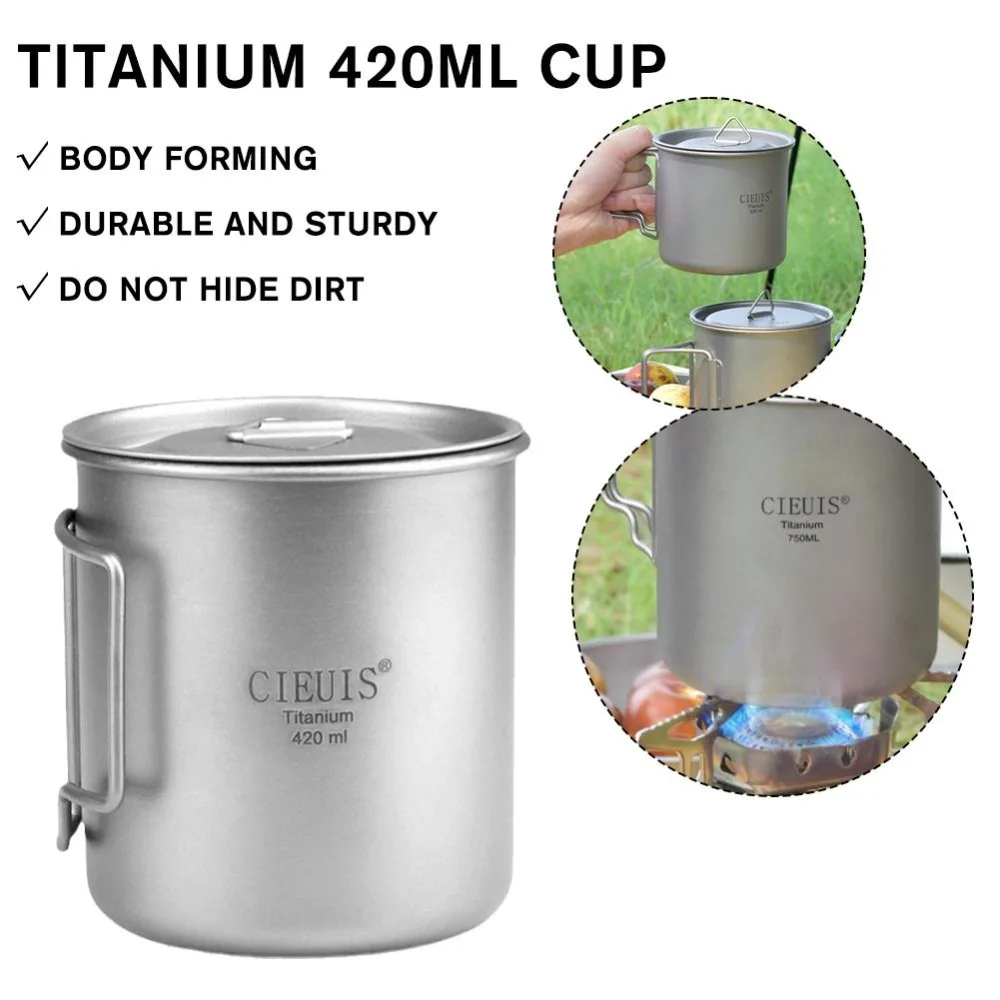 

420ML Pure Titanium Picnic Water Cup with Foldable Handle Titanium Cup Portable Drinking Cup for Outdoor Camping