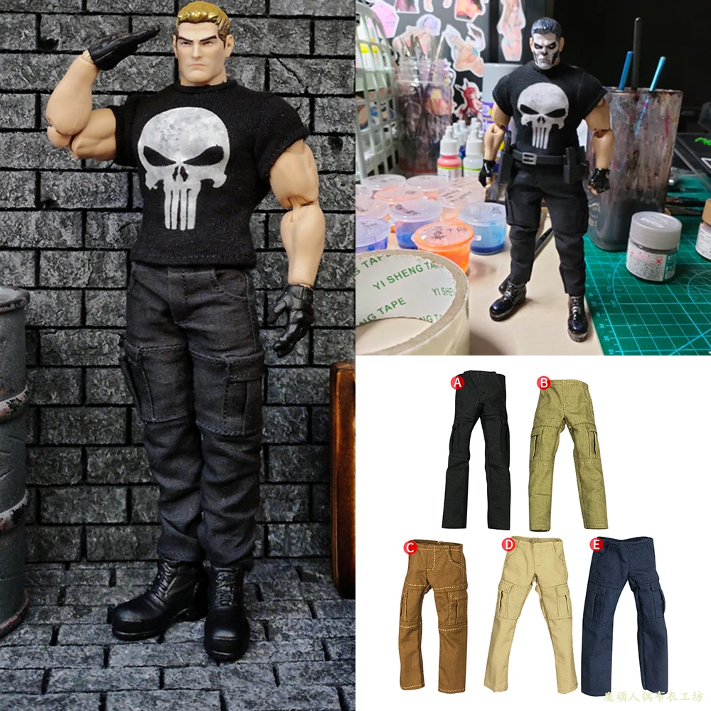 

1/12 Scale Fashion Men's Round Neck Black T shirt with Skull Overall Pants Tactical Trousers fit 6'' Strong Muscle Action Figure