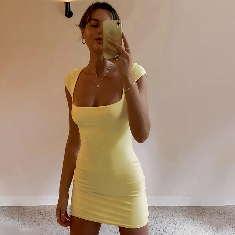 

New Hollow Mini Dress Women Solid Color Square Collar Short Sleeve Backless Elastic Skinny Bodycon Casual Holiday Outfit