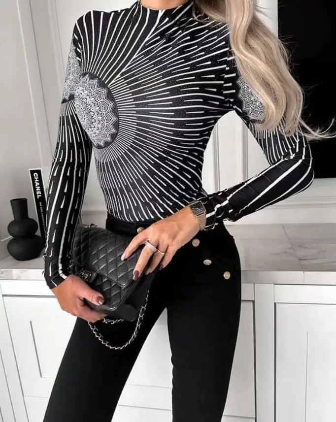 

Women's Clothing Tribal Print Long Sleeve Top Mock Neck Aesthetic Clothing Casual Vintage Sexy Top