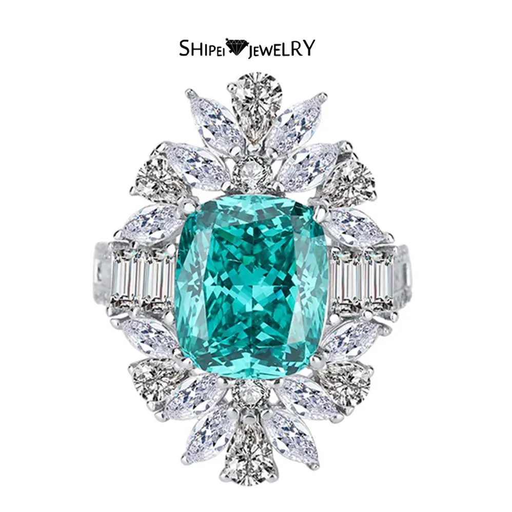 

Shipei 925 Sterling Silver 10*12 MM Paraiba Tourmaline Created Moissanite Engagement Gemstone Ring Fine Jewelry Ring Wholesale