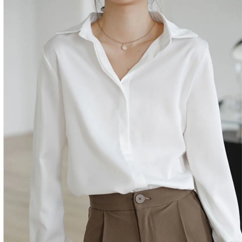 Korean Version of White Square Collar Professional Shirt Women's 2022 Spring and Autumn New Loose Temperament Casual Shirt