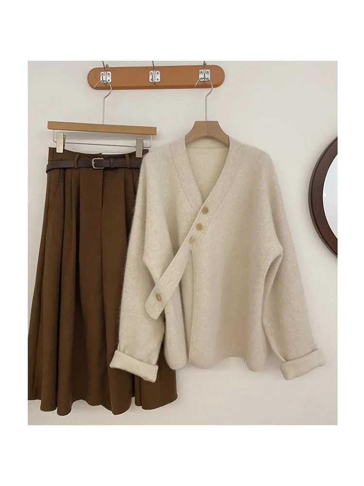 

Осенне-зимний комплект из двух предметов, элегантный вязаный женский офисный свитер и юбка миди с оборками в стиле пэчворк, Весенний костюм