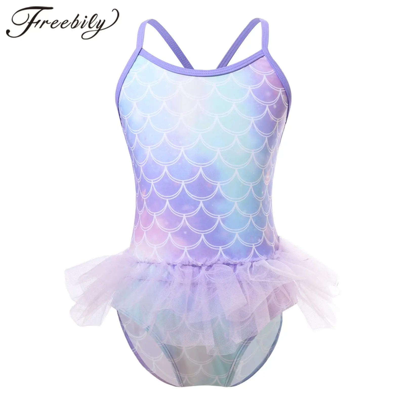 

Kids Girls One-piece Fish Scales Print Swimwear Straps Sleeveless Mesh Skirted Jumpsuit Swimsuit for Pool Beach Bathing Surfing