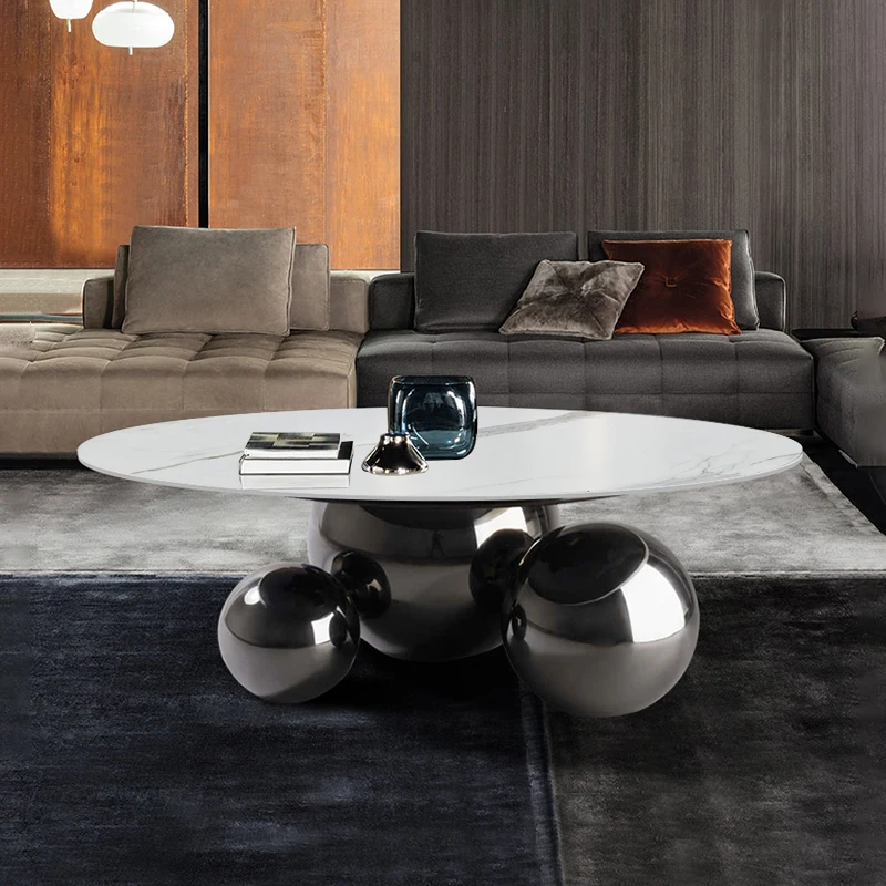 

Italian light luxury stainless steel black titanium special-shaped tea table small family round rock plate creative tea table