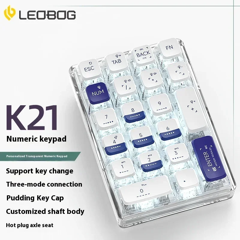LEOBOG K21 Клавиатура Numpad Tri Mode Bluetooth Беспроводная прозрачная мини-механическая