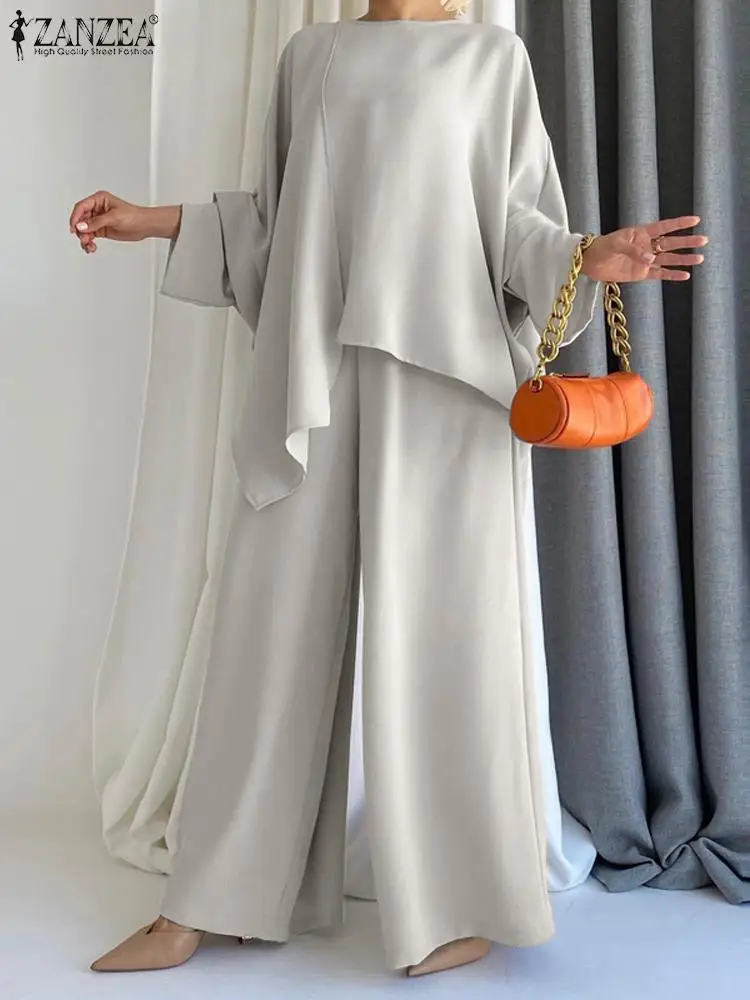 

Комплект ZANZEA женский ассиметричный, модный однотонный Городской Спортивный костюм, повседневный свободный комбинированный костюм с вышивкой, праздничный костюм из 2 предметов с широкими штанинами