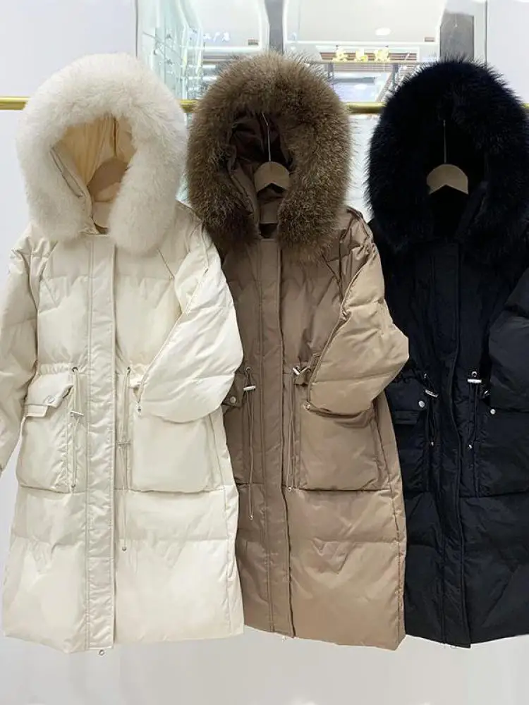

Женский длинный пуховик с воротником из натурального Лисьего меха, зимнее пальто на белом утином пуху 90%, ветрозащитная верхняя одежда с завязкой на талии, пуховик