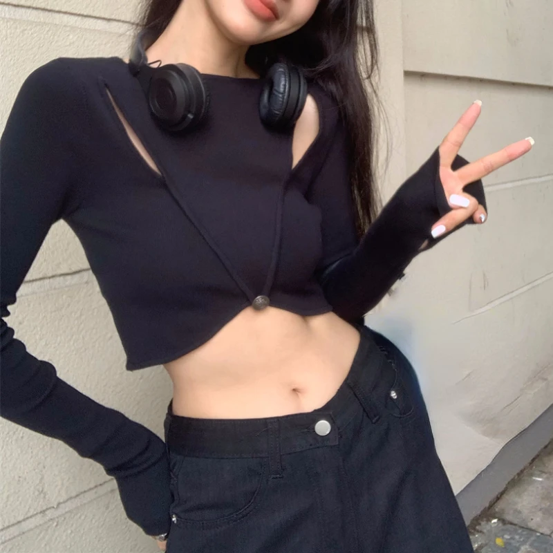 

Черная вязаная футболка с длинными рукавами, Женский Осенний привлекательный укороченный пупковый сексуальный облегающий свитер, Коротки...