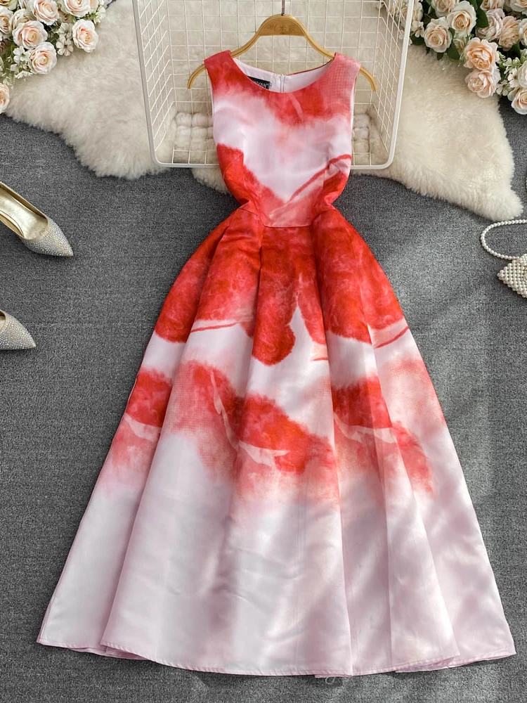 

Summer Women Red Tie Dye Dress Vintage O-Neck Sleeveless High Waist A-Line Party Vestidos Elegant Big Swing Robe New Fashion