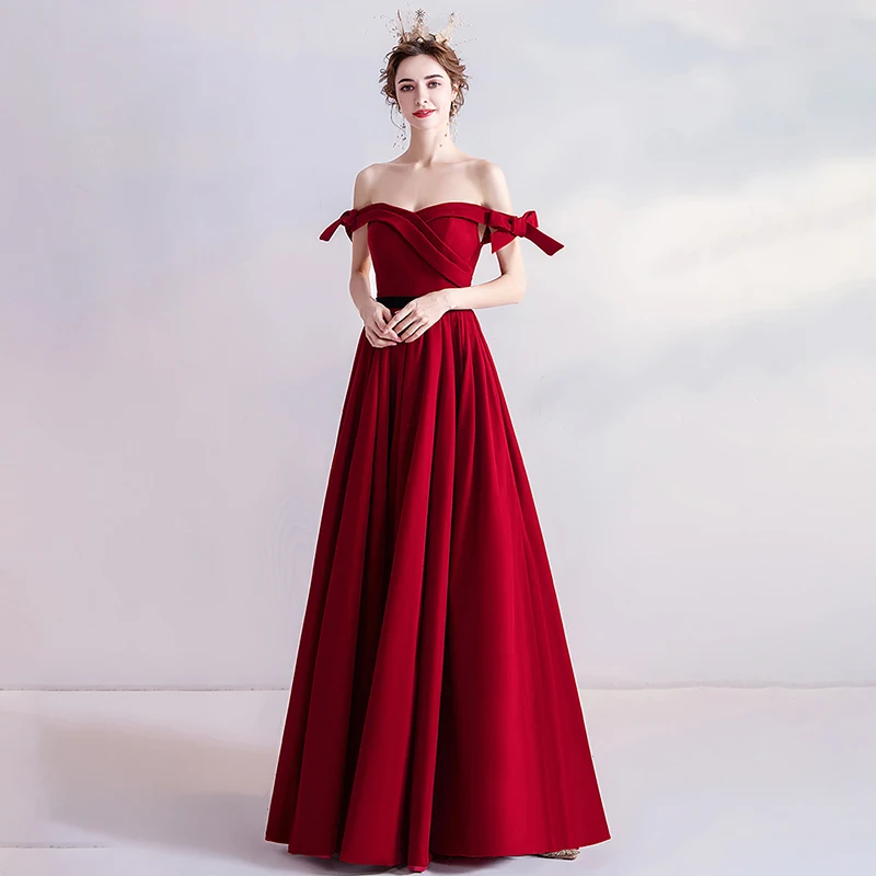 

Burgundy Elegant Evening Dress Simple Bow Boat Neck A-Line Empire Short Sleeves Floor-Length Plus Size Women Formal Gowns TS094