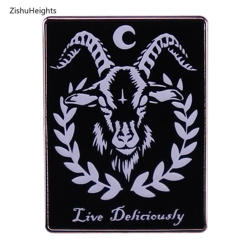 Live Deliciously Moon Goat Head Satan Brooch Horror Movie Badge Hard Enamel Pins