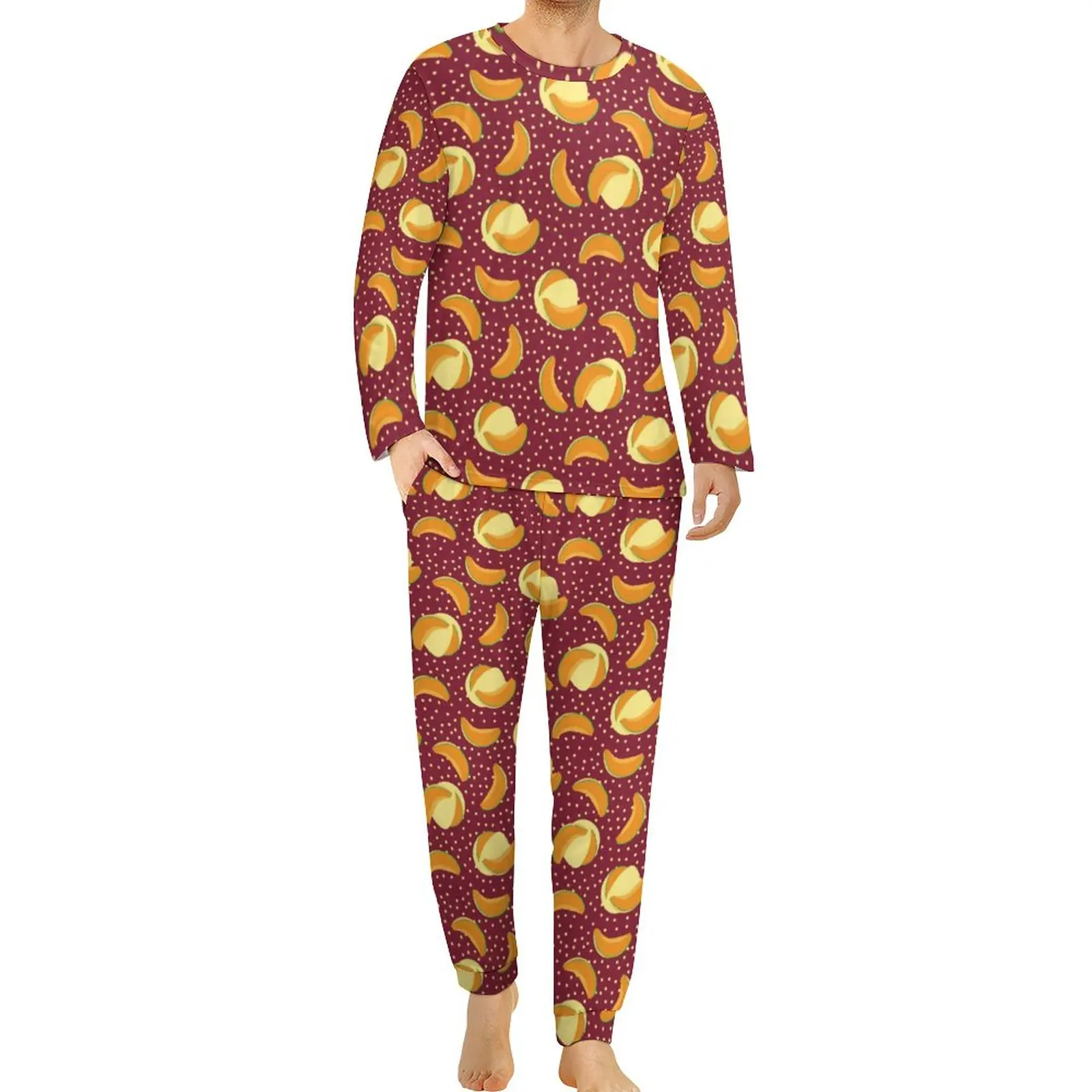 Muskmelon Fruit Pajamas Winter Polka Dots Print Casual Nightwear Men 2 Piece Graphic Long Sleeve Warm Oversized Pajamas Set