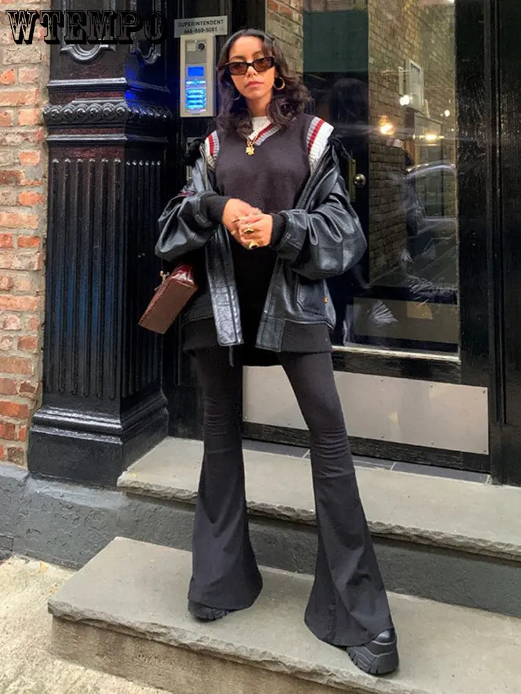 

Черные женские брюки WTEMPO, облегающие уличные повседневные расклешенные брюки с высокой талией, женская одежда, длинные капри, брюки