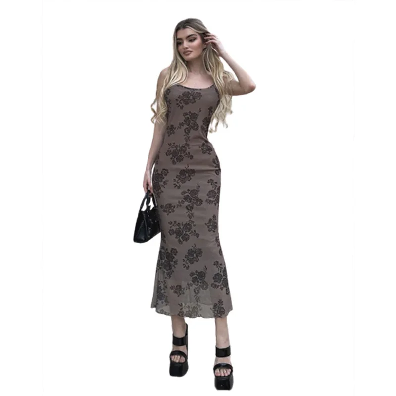 

European And American Style 2023 Summer New Women's Suspender Strap Open Back Fashion Print Slim Fit Wrap Hip Dress