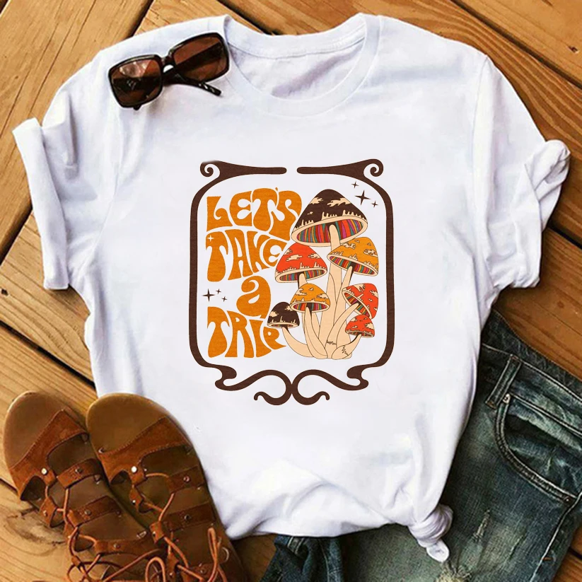 

90s Vintage Funny Mushroom Printed T-Shirt Casual Round Neck Short Sleeve Printed Pullover Women's T-Shirt Camisetas Mujer 2020