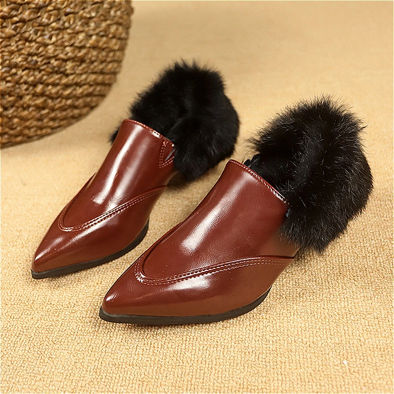 Женские ботильоны на высоком каблуке с мехом короткие плюшевые теплые туфли
